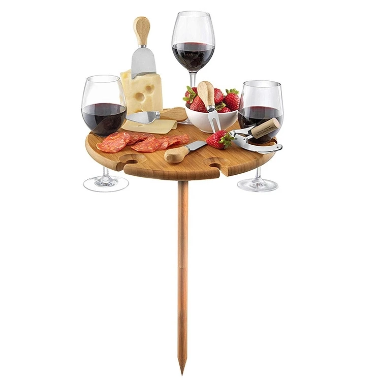 Combo home Bamboo Wooden Portable Outdoor Wine Table Set Picnic Cheese Board with Stainless Steel Serving Utensils