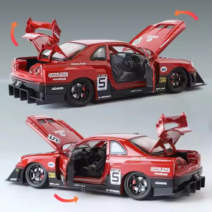1/24 Nissan GTR R34 Skyline LBWK FDJ Silvia S15 JDM Diecast Metal Race Toy Car Model Pull Back Sound Light Collection Gift Boys