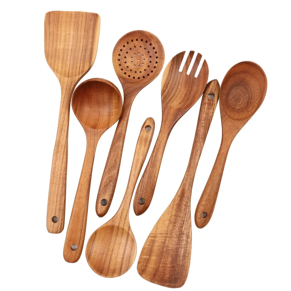 Non Stick Kitchen Teak Wood Cook Tools Set Spoon Spatula Kitchen Acacia Wooden Cooking Utensils Set