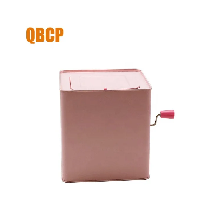 square shape hand crank music tin box with plush toy inside