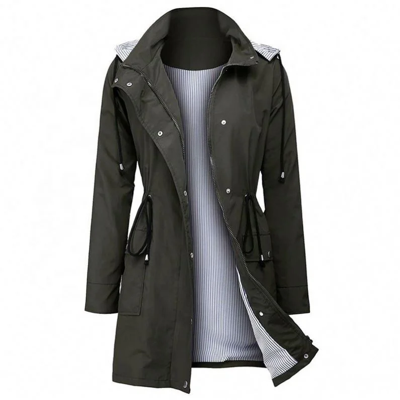 Factory Casual Hooded Collect Waist Rainwear Ms Long Windbreaker Rain Jacket In Women Trench Coat