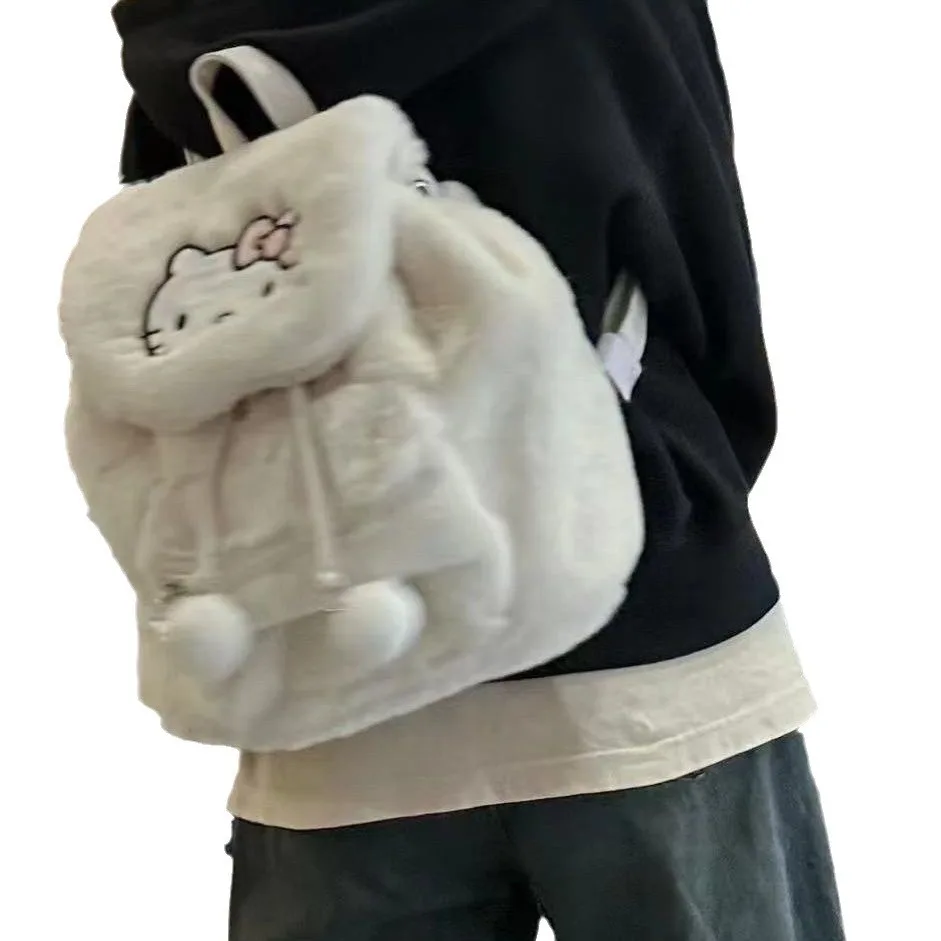 Botu New Arrivals Sanrios Backpacks Drawstring Stuffed Fur Fluffy Girls Shoulder Bags My Melody Hello KT Kuromi Plush Backpack