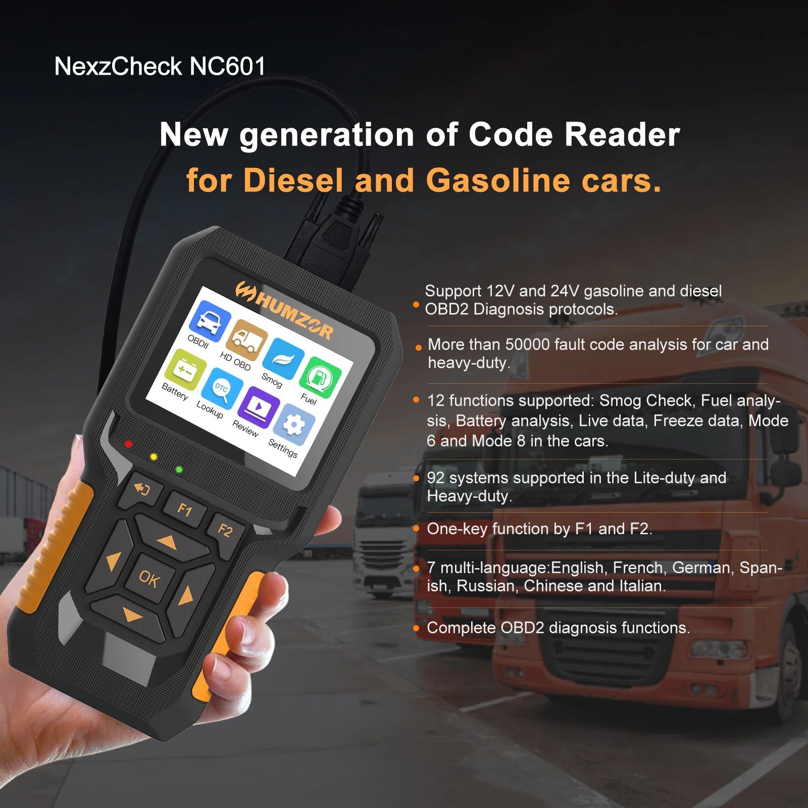 HUMZOR NC601 для 12 В 24 автомобиля и грузовика OBD2 считывает код карты ELM327 инструмент сканирования грузовик диагностический тестер