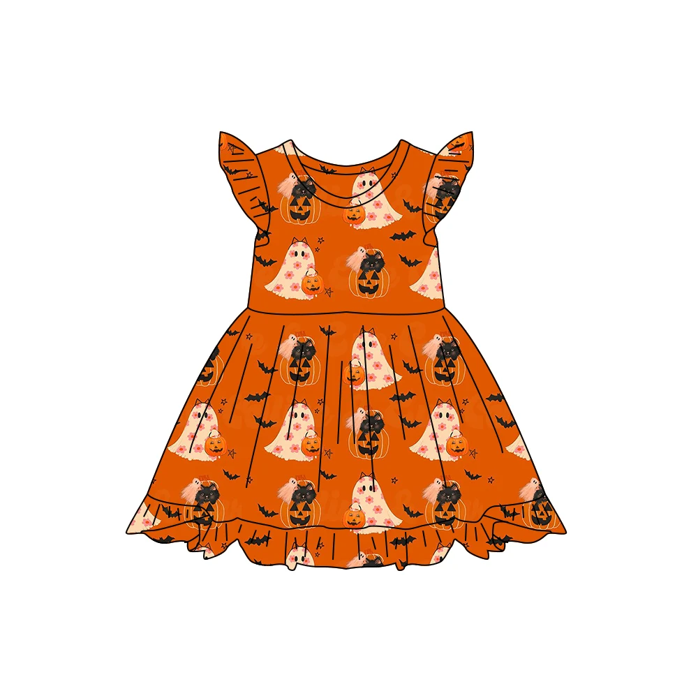 New Arrival knitted cotton Bat Pumpkin ruffle sleeve baby girls dresses for Halloween