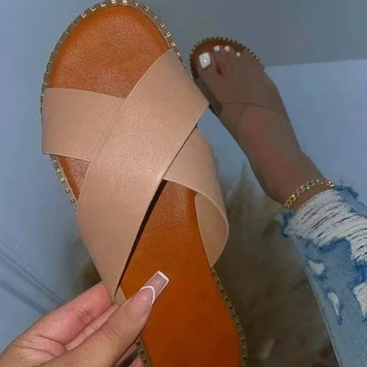 Spring new ladies blank beige casual outdoor light weight comfortable leather flat-bottomed beach fashion slides sandals