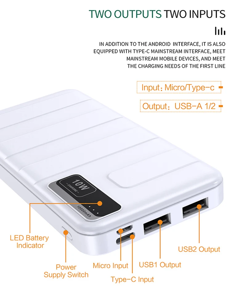 Best gifts CE FCC portable charger power bank 10000mah ABS plastic support logo custom power banks with digital power display