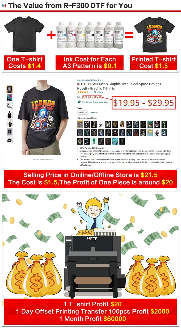 RECAI 30cm Direct To Film Printer T shirt Printing Machine DTF Printer with Shake Powder Machine