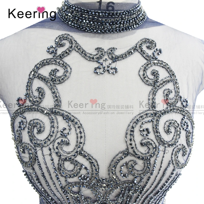 Popular Keering Wholesale New Design WDP-253 Blue Evening Bridal Dress Crown 3D Beads Bodice Flatback Rhinestone Applique