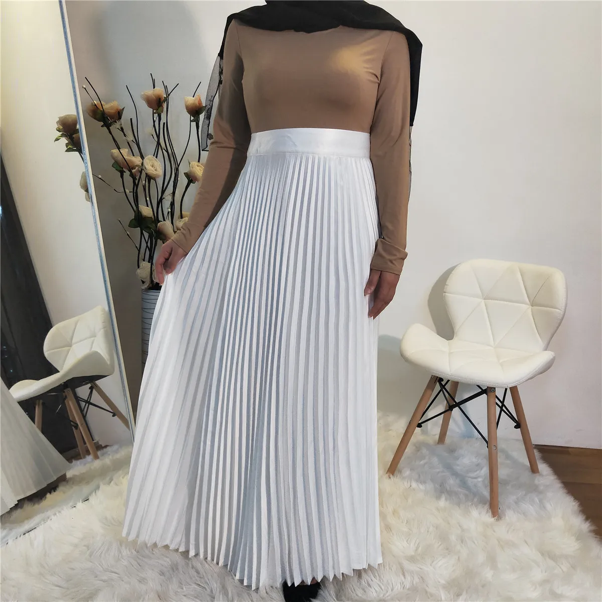 1912#Fancy Women Big Hem Solid Color Long Pleated Plus Size Maxi Skirt