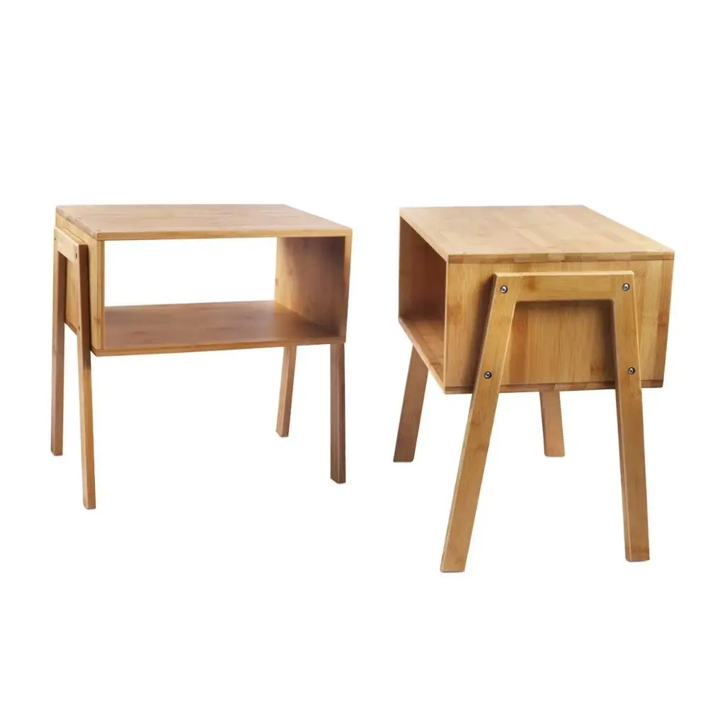  Set of 2 Luxury wooden stackable end table side nightstand bamboo