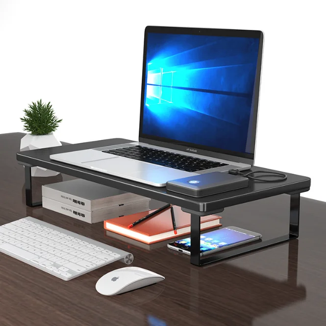 Black Wood Office Desktop Computer Monitor Stand Wooden Monitor Riser Stand