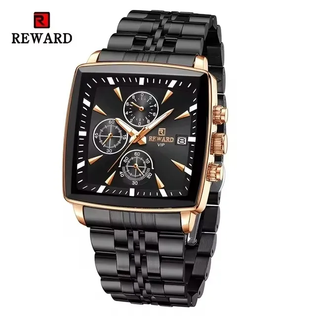 Hot Sale REWARD VIP Mens Watches Stainless Steel Wristwatch Chronograph Date Stopwatch Waterproof Luminous Sport Watches for Man