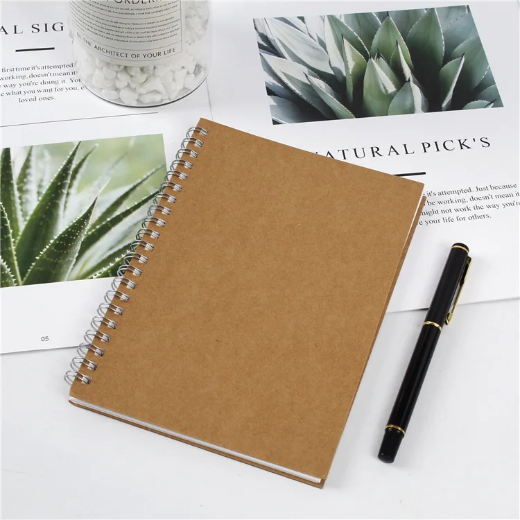 Wholesale custom size A4/A5/A6 in bulk wire binding spiral hard cover Kraft paper cover recycled coil notebook