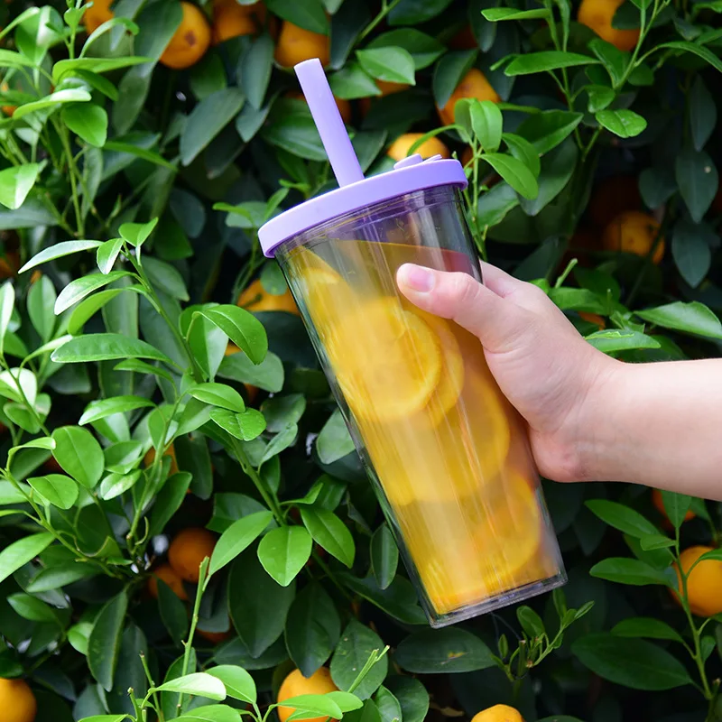 Wholesale Solid Candy Colors Double Layer Plastic Tumbler 24 OZ Coffee Mug 700 ML Tumblers Clear Plastic Cup with Lid and Straw