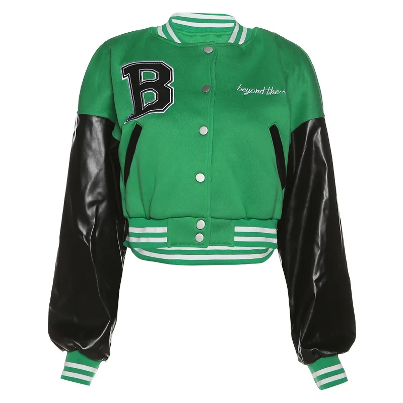 Printed Red Leather Sleeve Baseball Jackets Short varsity Jackets Fashion Women Jackets