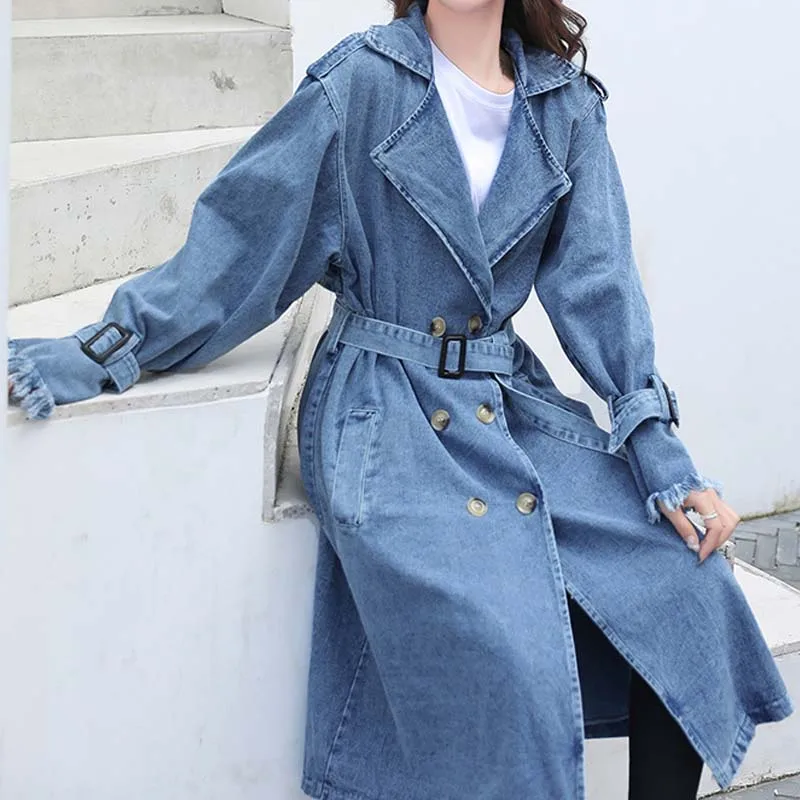 New arrival design womens long denim coat belt belt lapel ladies denim overcoat