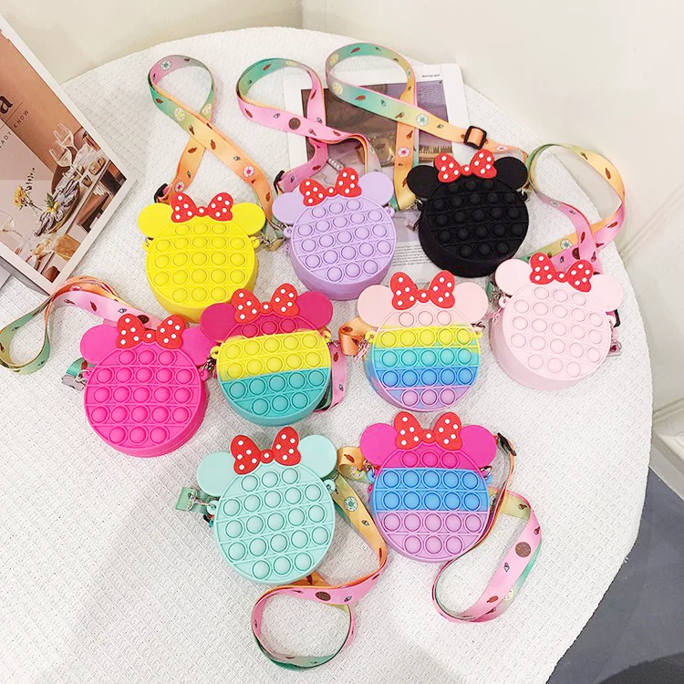 Mini Mickey & Minnie Kids Silicone Shoulder Crossbody Messenger Push Bubble Dimple Anti Stress Sensory  Pop Fidget Bag Purse