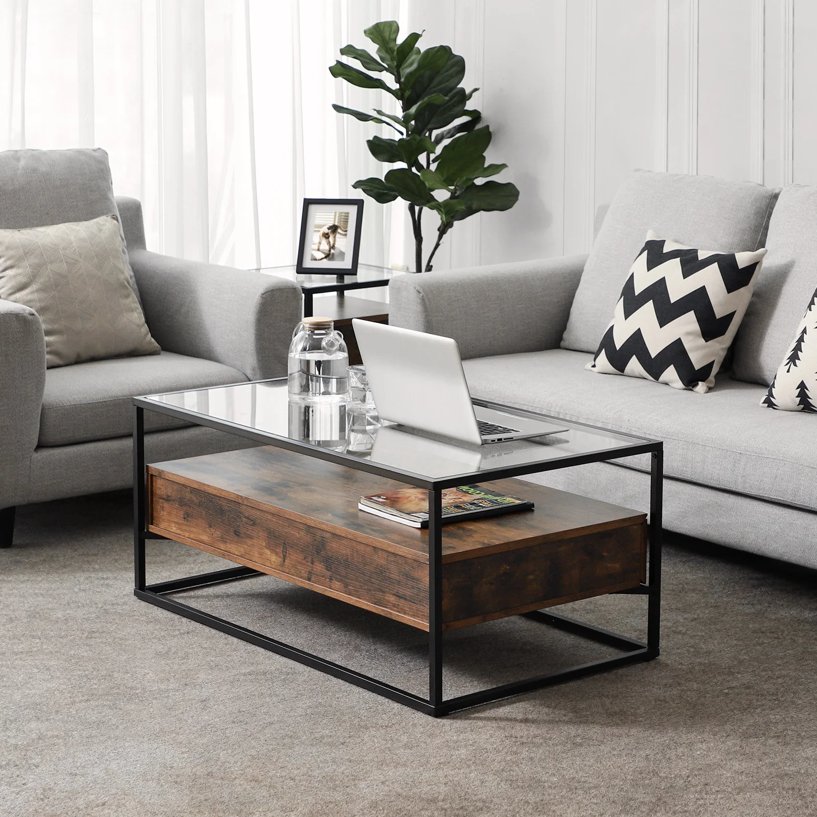simple uk style modern living room square clear mesa de centro en cristal templado wooden top black tea table