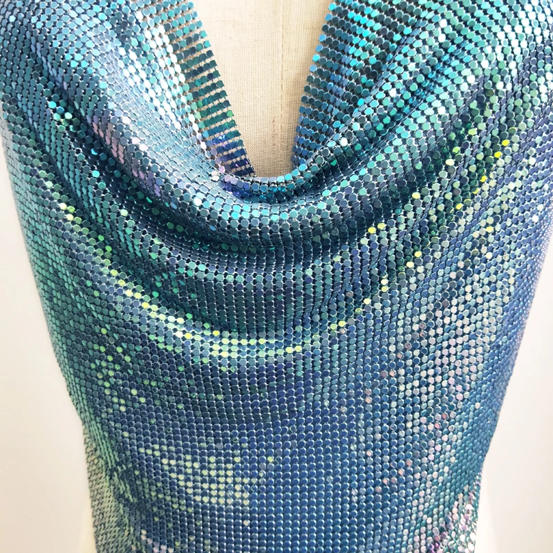 Summer Women Night Club Beach Wear Clothing Metallic Sequin Bikini Chain Mail Metal Mesh Crop Top