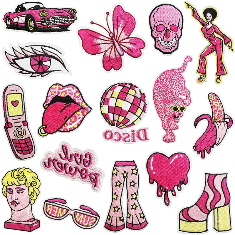 Shenglan Manufacturer Bulk Stock Hot Sale Wholesale Price Iron on Pink Music Girl Design Embroidery Rose Pink style Patches