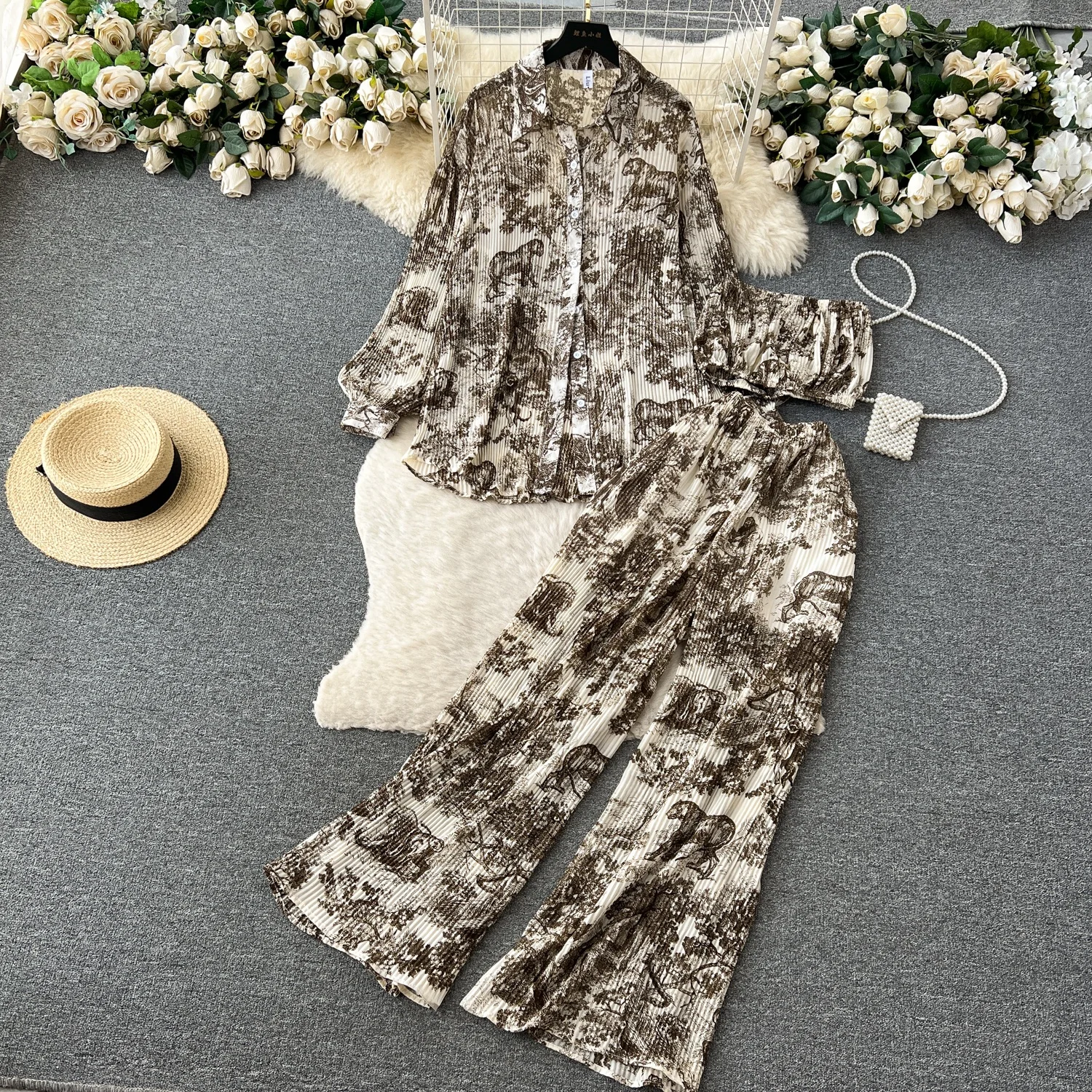 Fashion Suit Women Spring And Summer Loose Pressed Pleated Shirt Smocked High Waist Trousers 3 Pieces