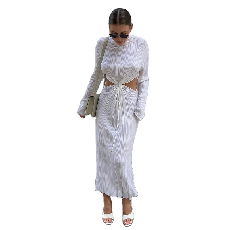 New Popular Autumn High Collar Hollow-out Solid Color Medium Long Sleeves Latest Sexy Dress For Women 2022