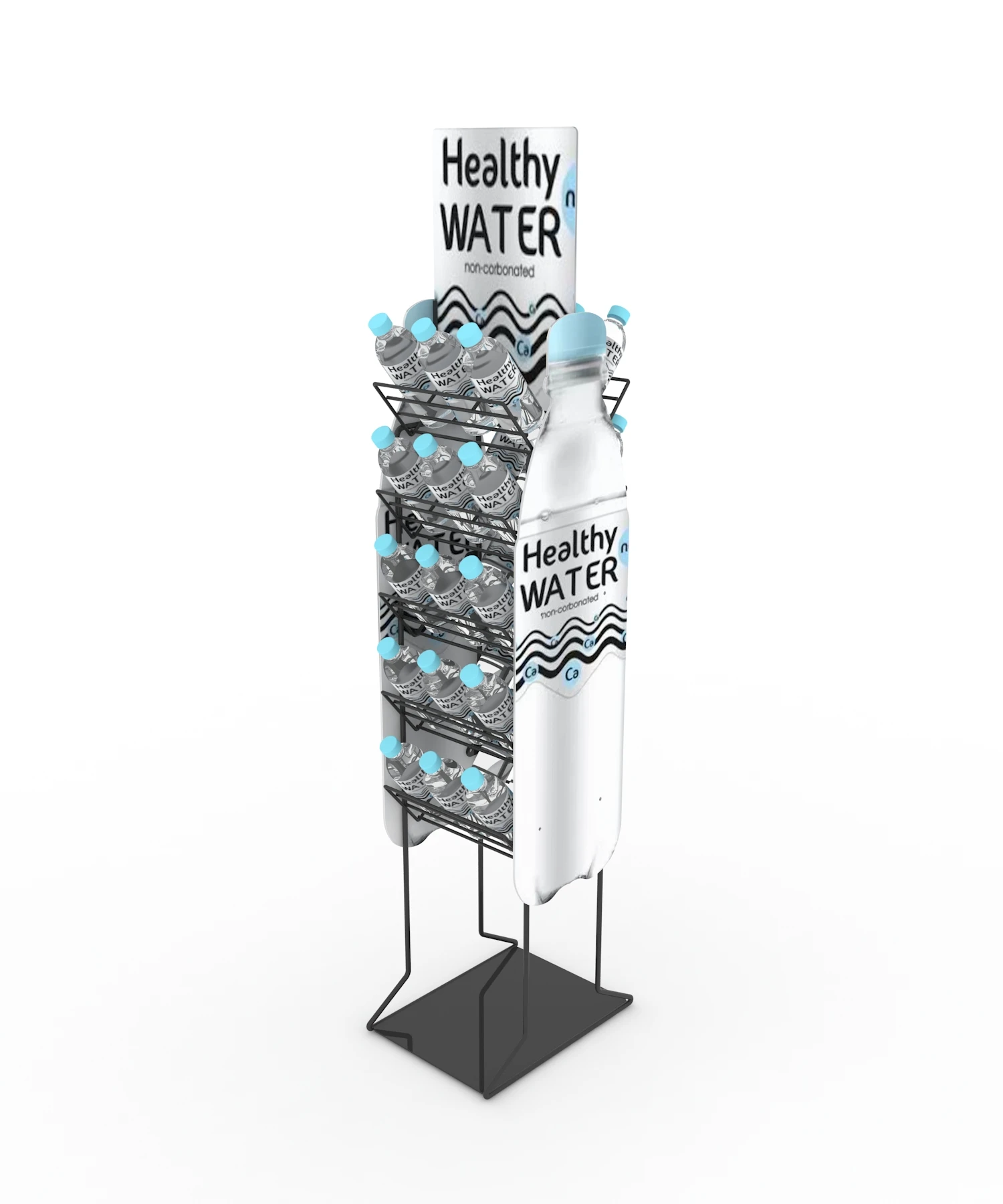 Custom bottled or pure water display stand & metal floor-standing water display rack in shopping malls and supermarkets.