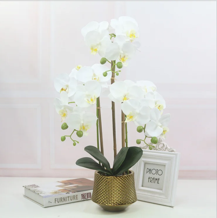 Hot Selling Home Decorative Flowers Artificial White Orchid Flower Bonsai Plant