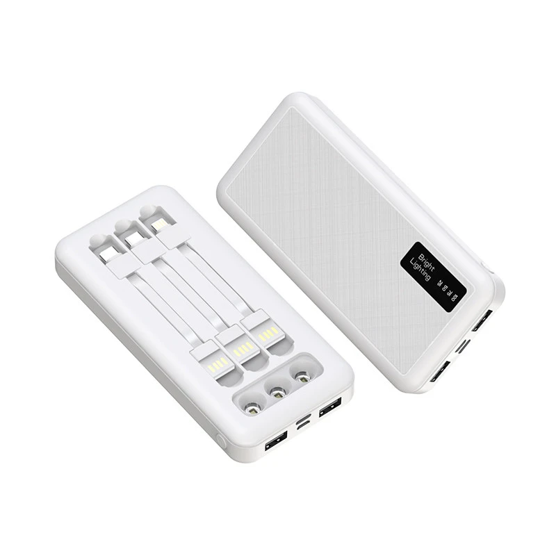 Portable power bank built-in cable,fast double USB phone power bank 10000mah with 3 LEDs flashlight