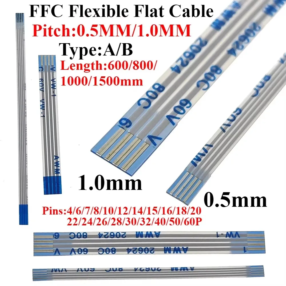 FPC FFC 600/800mm/1500mm AWM 20624 80C 60V VW-1 Flexible Flat Cable A/B Type Ribbon Wire 4P/6/8/10/12/14/16/20/26/30/40/50/60Pin