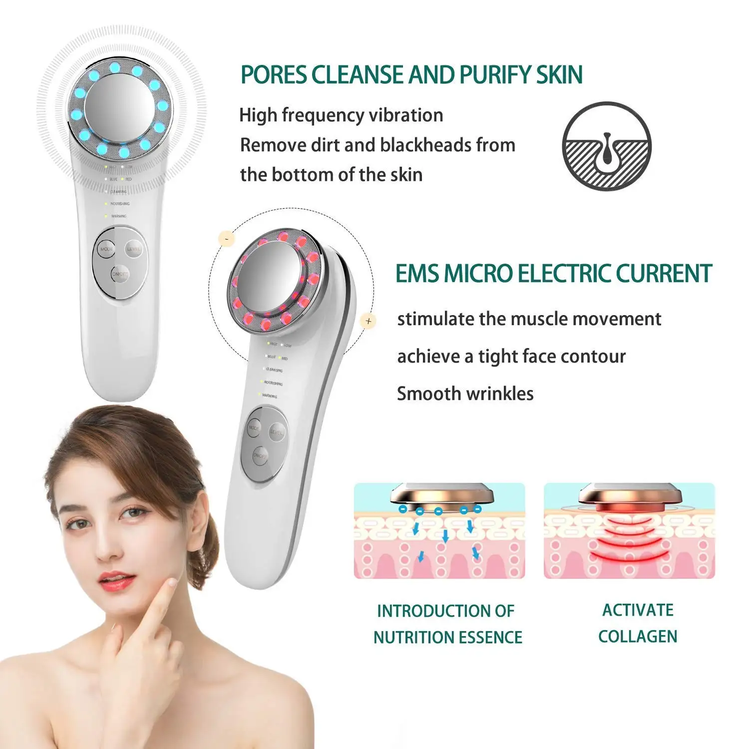7 in 1 Face Cleaner Lifting Machine LED Blue & Red Light Wave High Frequency Promote Face Cream Absorption Face Massager