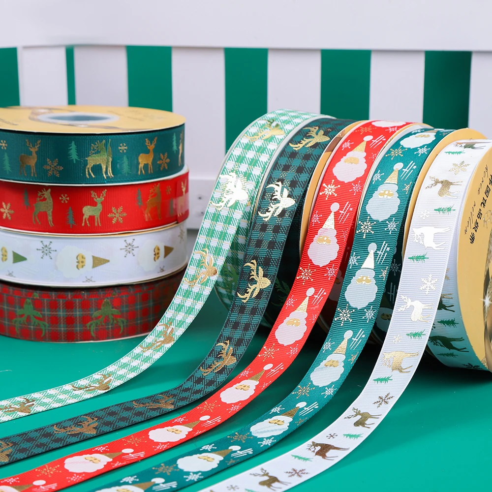 New 25mm wide Christmas gift ribbon with thermosetting hot stamping Santa Claus elk pine tree pattern ribbon