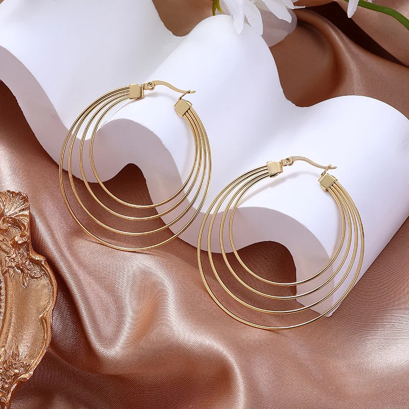 QIFEI Exaggerated Geometric Thread Hoop Earrings Stainless Steel 18K Real Gold Jewelry Earrings