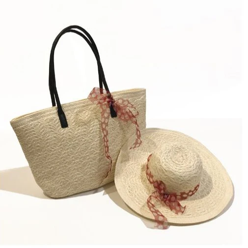 Niyang factory wholesale beige summer tote women handmade striped floppy paper straw large size wide brim beach hat and bag