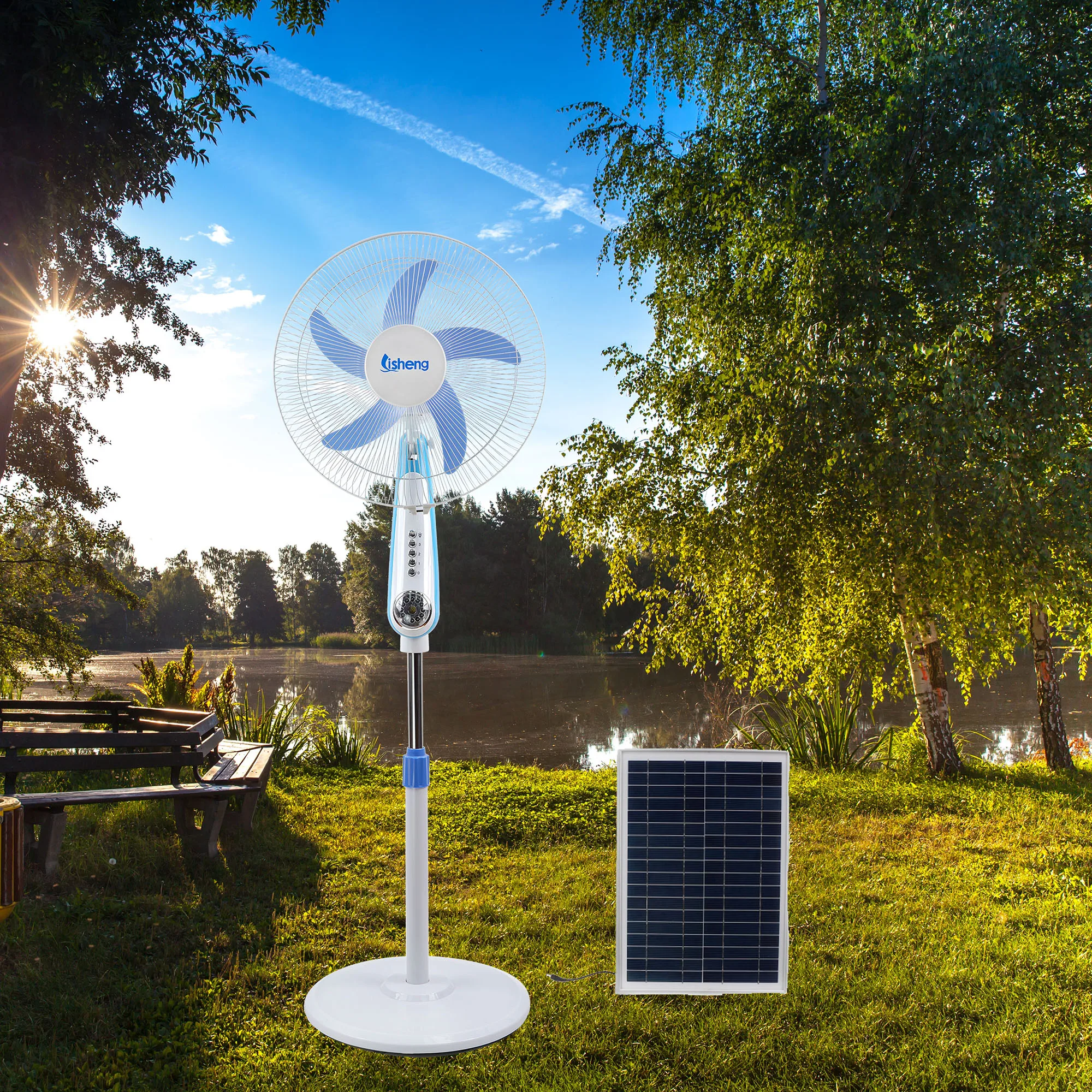Solar fan 16 inch dc 12V motor stand fan ac/dc solar energy stand fan for home and outdoor with solar panel and adapter