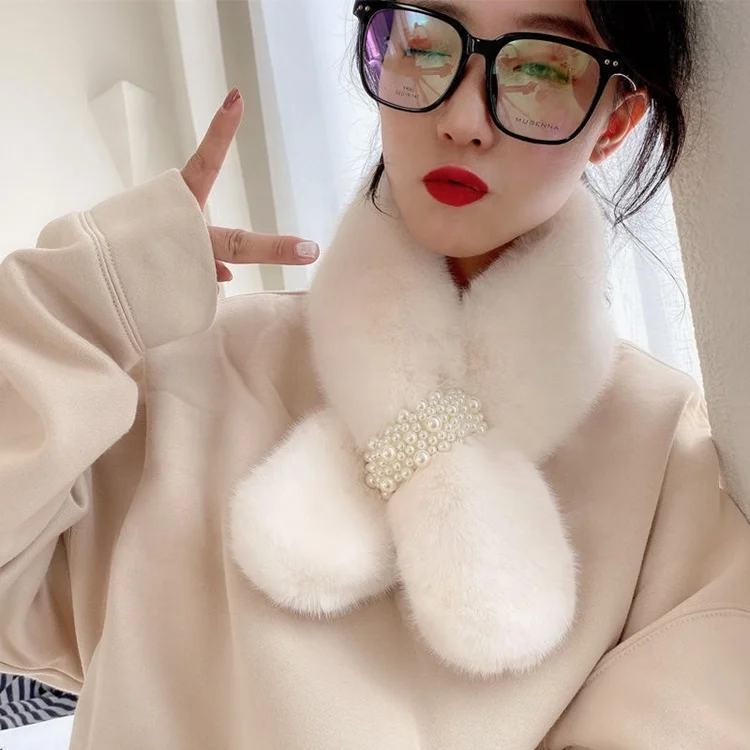Fashion women warm soft short faux rex rabbit fur scarf  with pearl