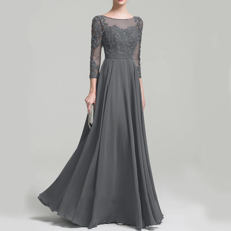 Floor Length Long Sleeve Long Gown Gray Color Women Bridesmaid Dresses