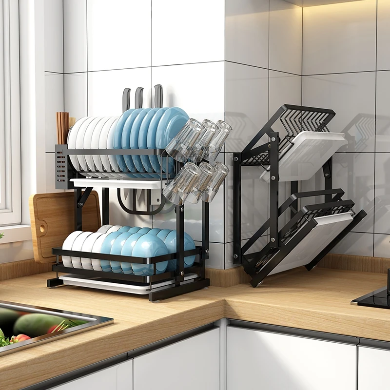 Double layer stainless steel black folding plate drying drain rack kitchenware storage rack for kitchen