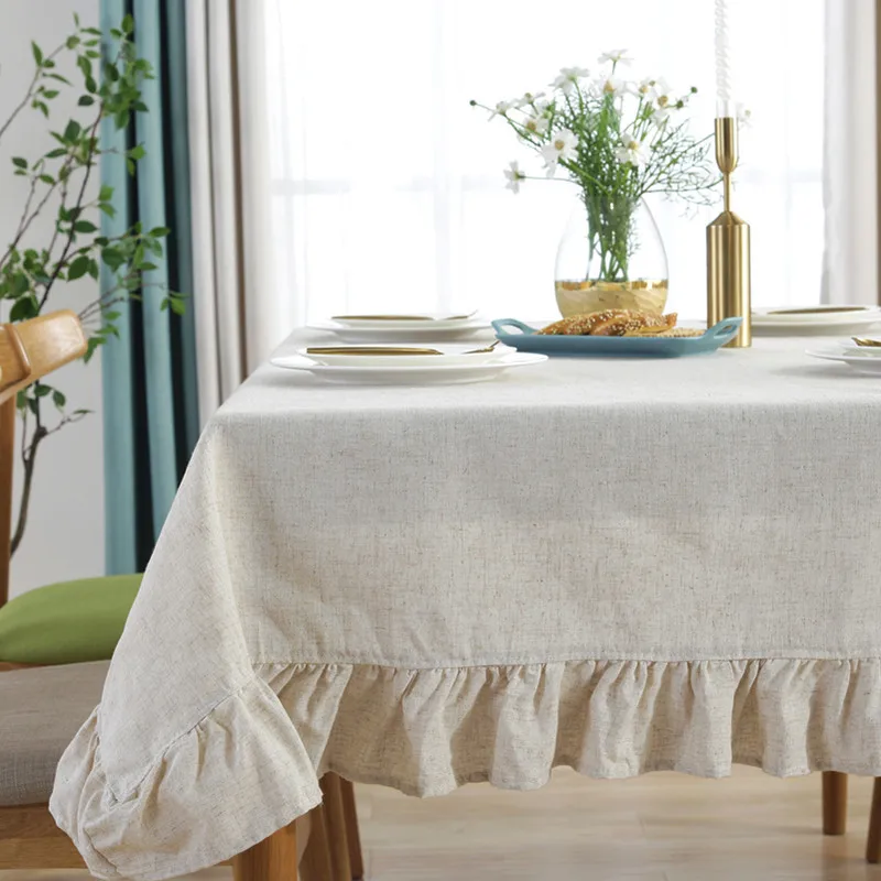 Cotton Linen Tablecloth Flounces Fabric Dust-Proof Table Cover for Kitchen Dinner Picnic Table Cloth