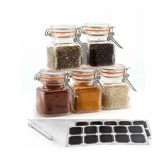 3.4 Ounce Mini Square Glass Spice Jar with Orange Flip-Top Gasket and Airtight Clear Storage Jars with REUSABLE labels and Pen