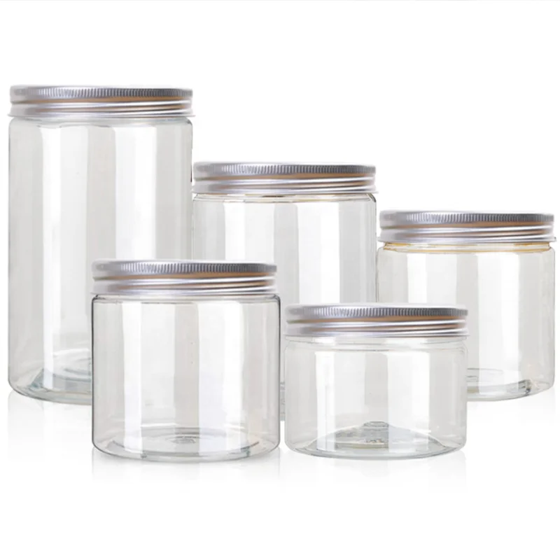 food grade plastic cans aluminum cap plastic storage jars with lids for snack Plastic Food Storage Clear Cookie Round Jar