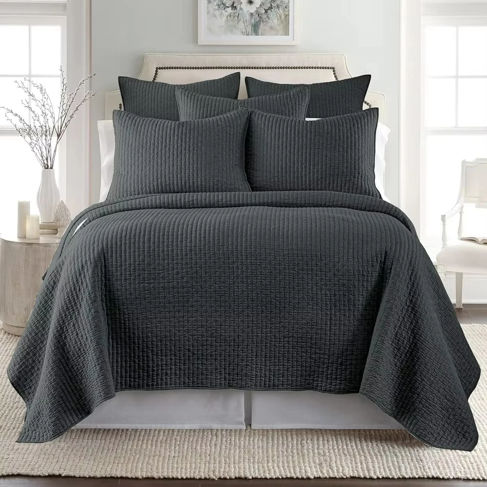 Cross Stitch Charcoal Quilt Set - 100_ Cotton - King_Cal King Quilt (106x92in.) + 2 King Shams (36x20in.) - Cotton Fabric