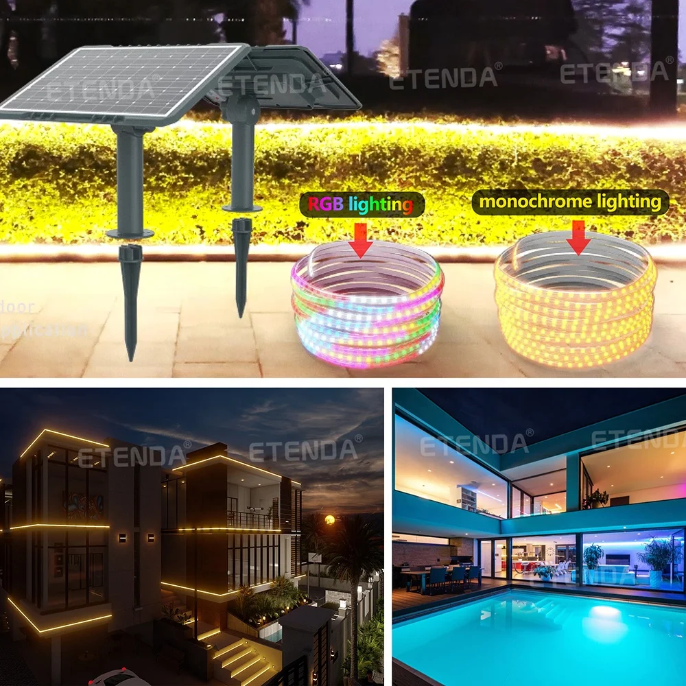 Etenda LED solar strip light 5 meters 10 meters 20 meters warm light and RGB light with remote control for garden