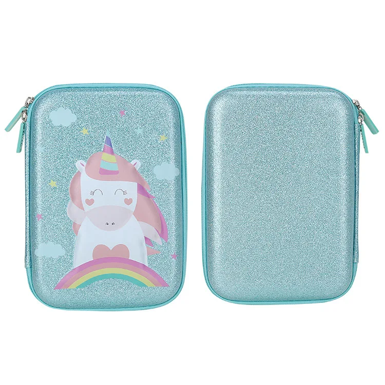 Cute Custom Logo Blue Glitter Pu Cover Pencil Pouch 3D Embossed Unicorn Design Pencil Case Bag For Girls