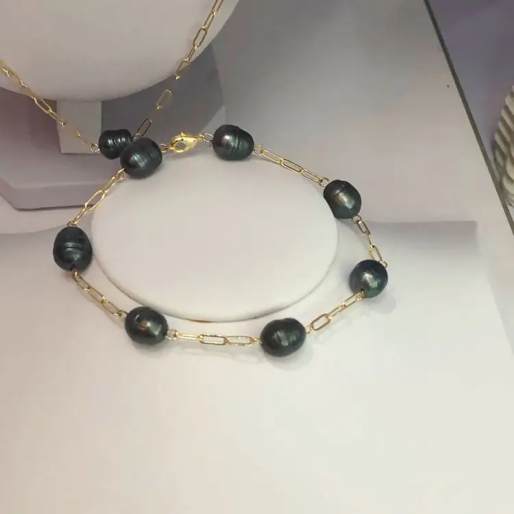  По индивидуальному заказу 14k позолоченные натуральный пресноводный жемчуг ювелирные изделия ручной работы Цвет: черный Таити цвет жемчужное ожерелье и