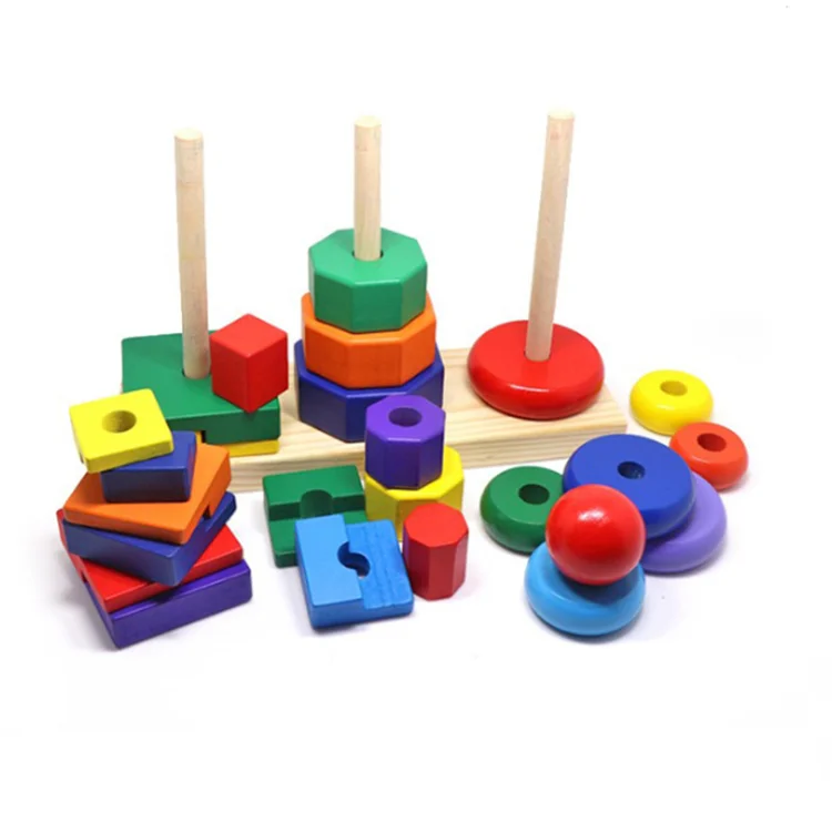 Geometric Shape Blocks Shape Sorter Toys Wooden Column Shape Stacking Tower
