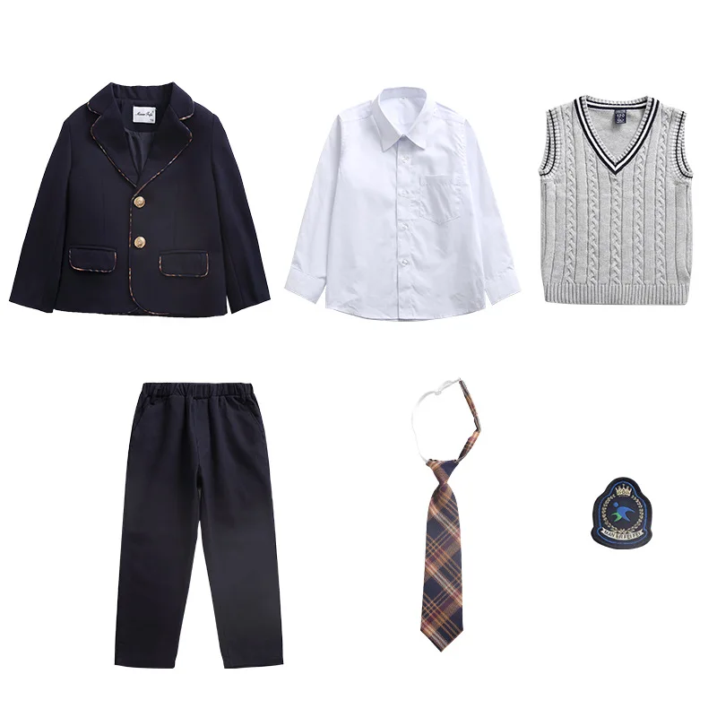 European And American Style Tuxedo School Suit Navy Formal Coat Pant Vest 5 Piece School Blazer Clothesprimary School Uniform