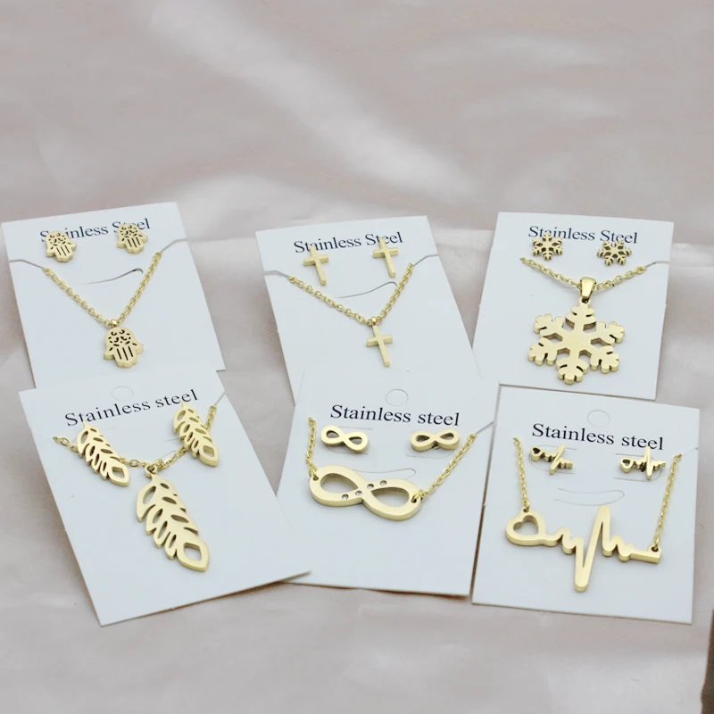 Wholesale Cheap Women Girls Stainless Steel Jewelry18k gold necklace Pendant and Stud Earrings Electroless heartbeat Jewelry set