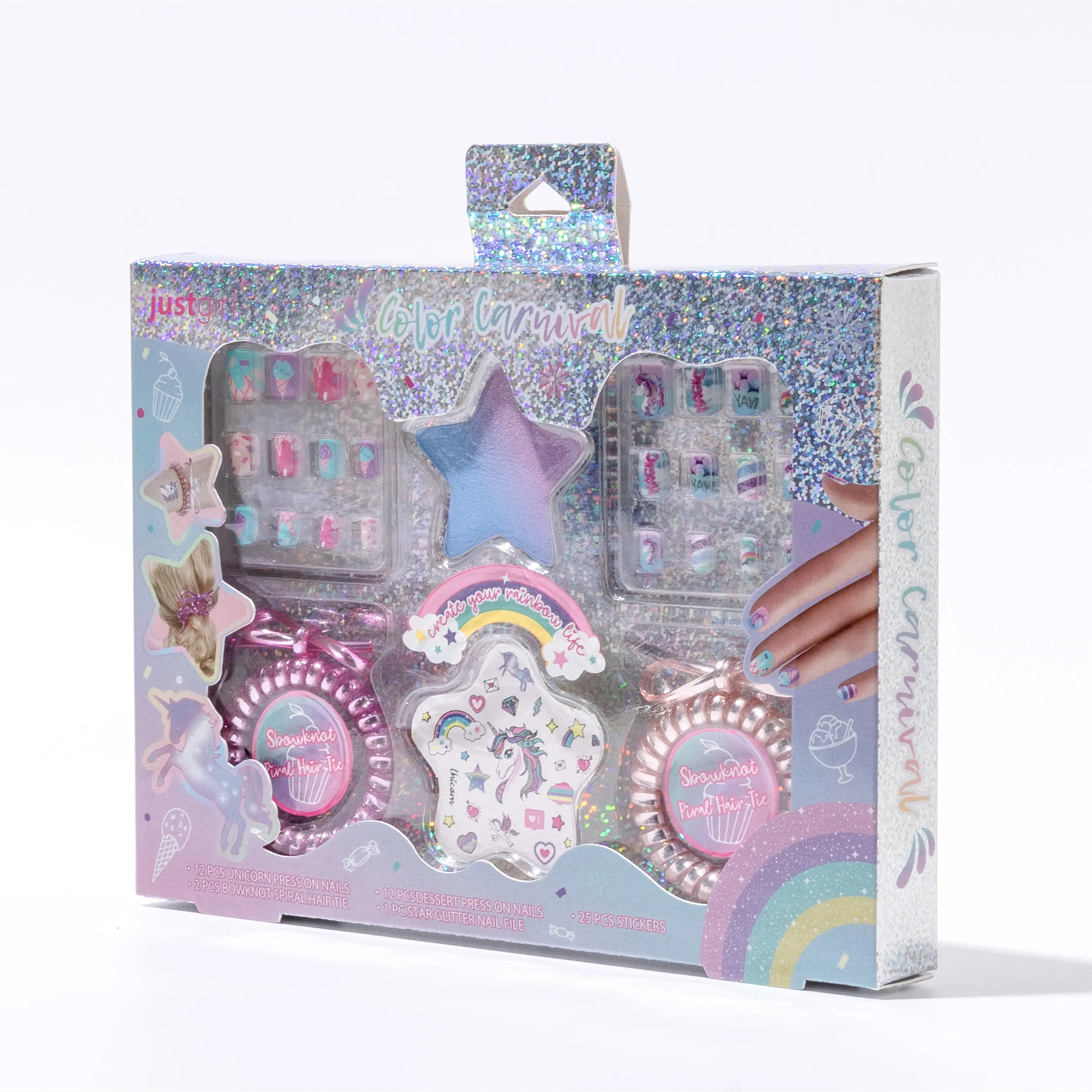 Заводская цена, индивидуальная голографическая коробка, детский набор для красоты ногтей, набор для искусственных ногтей для макияжа детей