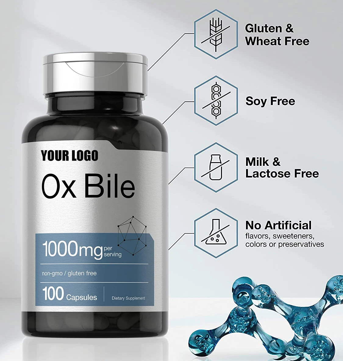 100% pure Non-GMO & Gluten Free Ox Bile 1000 mg Capsules Digestive Enzymes Supplement for digestive assists
